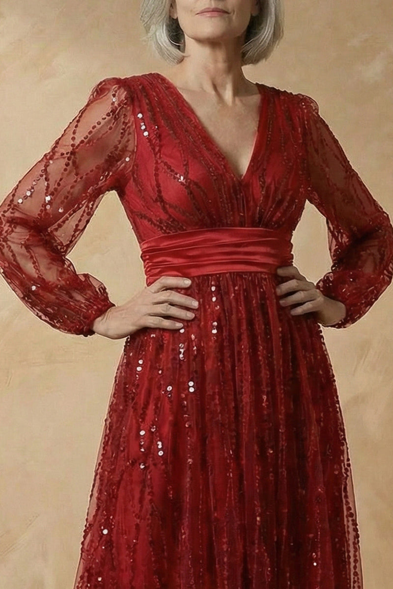 Laden Sie das Bild in den Galerie-Viewer, Burgunder A-Linie Pailletten Mutter der Braut Kleid mit langen Ärmeln