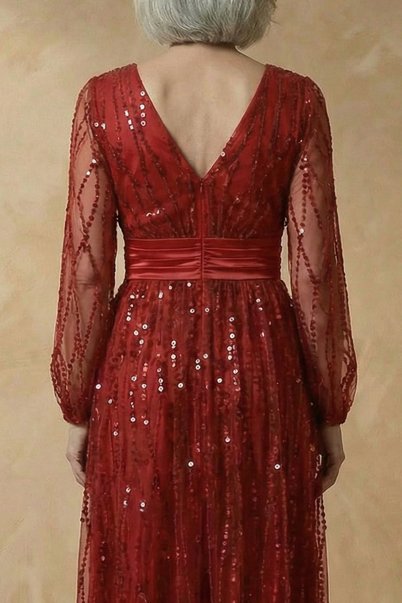 Laden Sie das Bild in den Galerie-Viewer, Burgunder A-Linie Pailletten Mutter der Braut Kleid mit langen Ärmeln