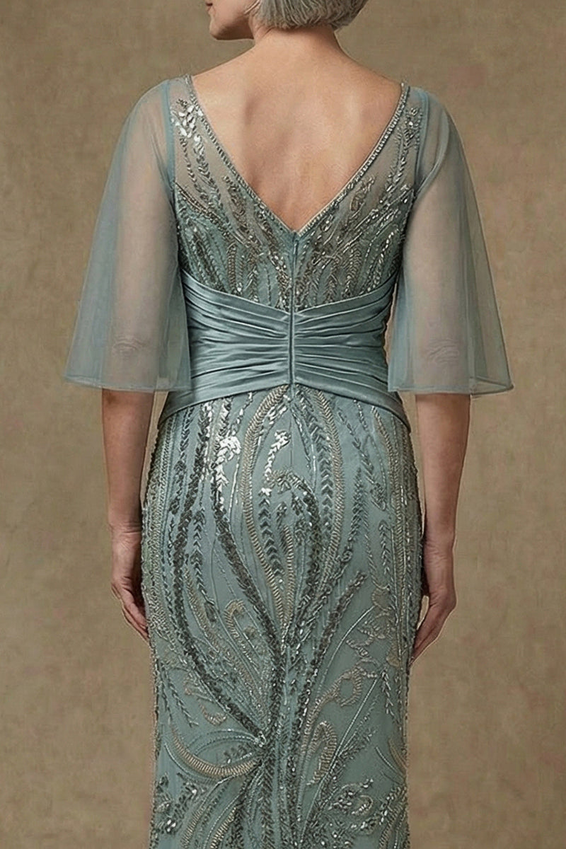 Laden Sie das Bild in den Galerie-Viewer, Glitzerndes Graugrünes Meerjungfrauen Halbärmel Pailletten Mutter der Braut Kleid mit Schlitz