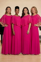Laden Sie das Bild in den Galerie-Viewer, Fuchsia A-Linie Chiffon Langes A-Linie Chorkleid mit Bootsausschnitt