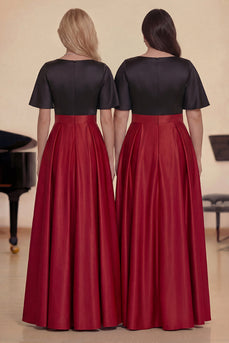 A-Linie Schwarzes Rotes Satin Langes Chorkleid mit kurzärmel
