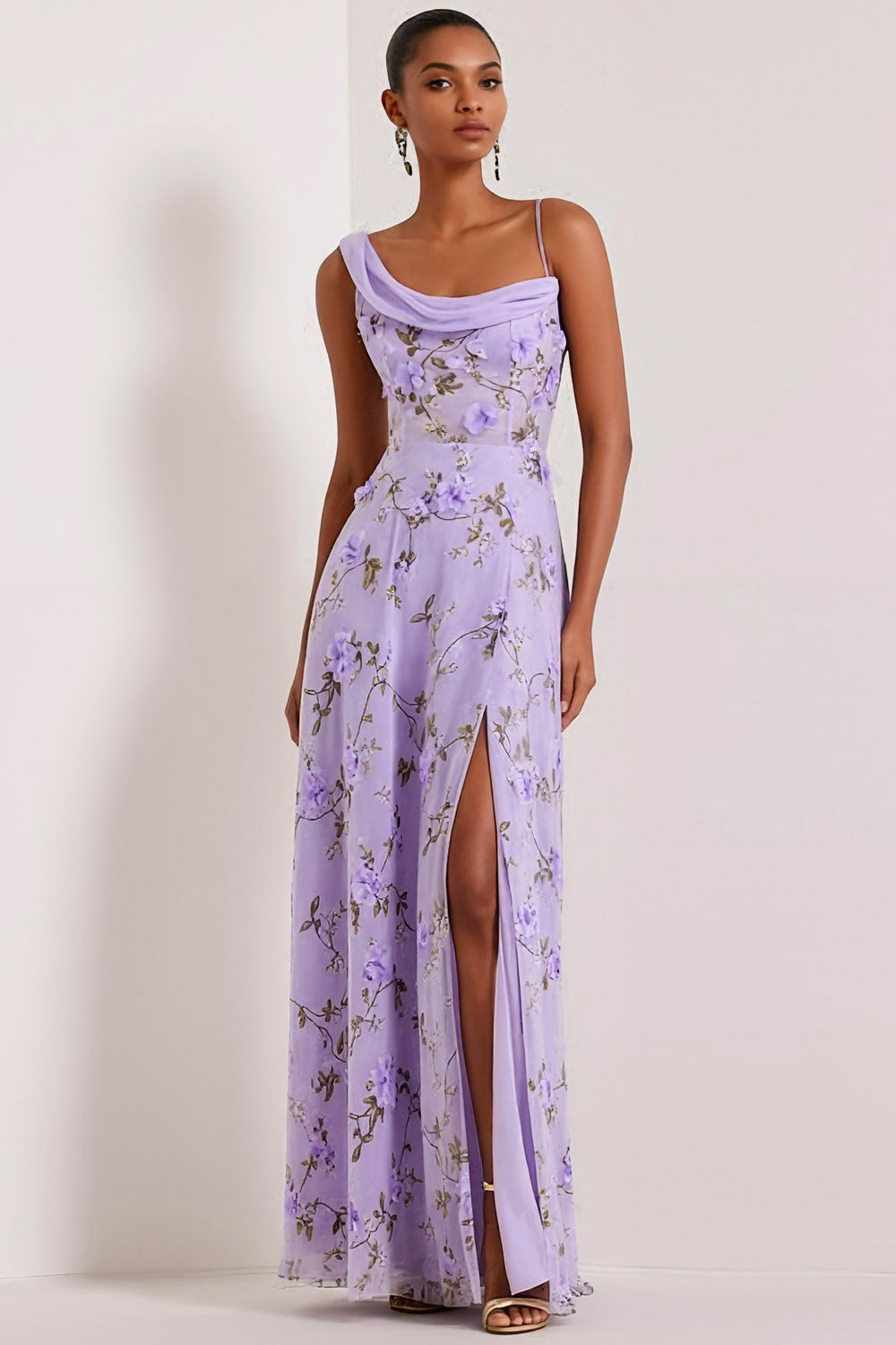 Blumiges Lila Korsett Brautjungfernkleid mit Schlitz