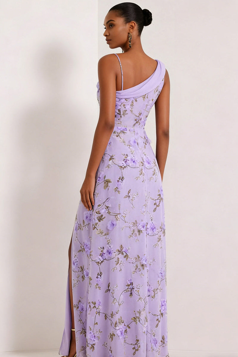 Laden Sie das Bild in den Galerie-Viewer, Blumiges Lila Korsett Brautjungfernkleid mit Schlitz