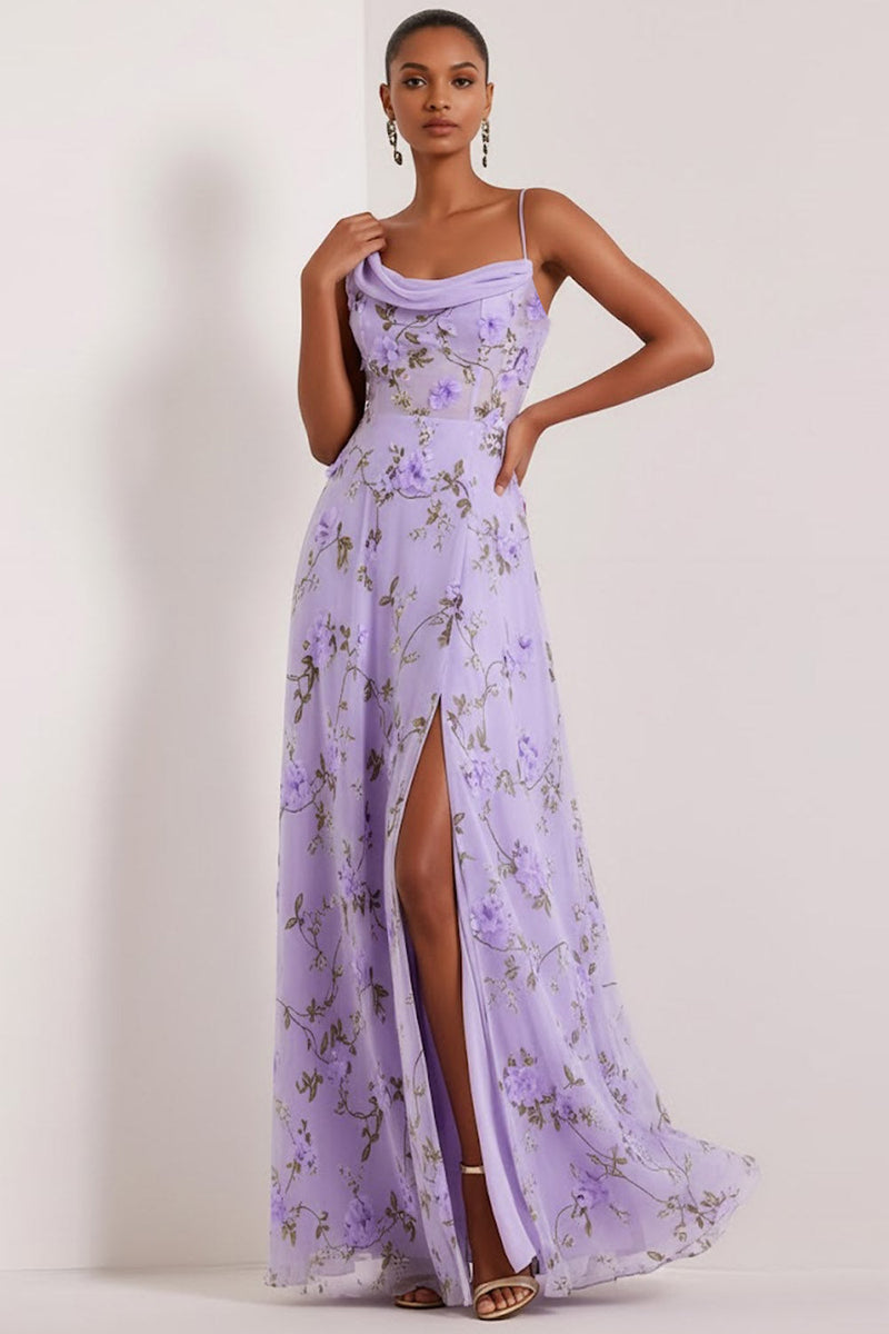 Laden Sie das Bild in den Galerie-Viewer, Blumiges Lila Korsett Brautjungfernkleid mit Schlitz