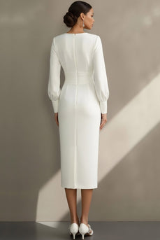 Schlichtes Weißes Midi Standesamt Kleid mit Crew-Neck mit Ärmeln