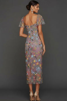 Mauve Blumen Tüll Scheide Midi Hochzeitsgast Kleid mit Ärmeln