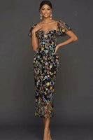 Laden Sie das Bild in den Galerie-Viewer, Mauve Blumen Tüll Scheide Midi Hochzeitsgast Kleid mit Ärmeln
