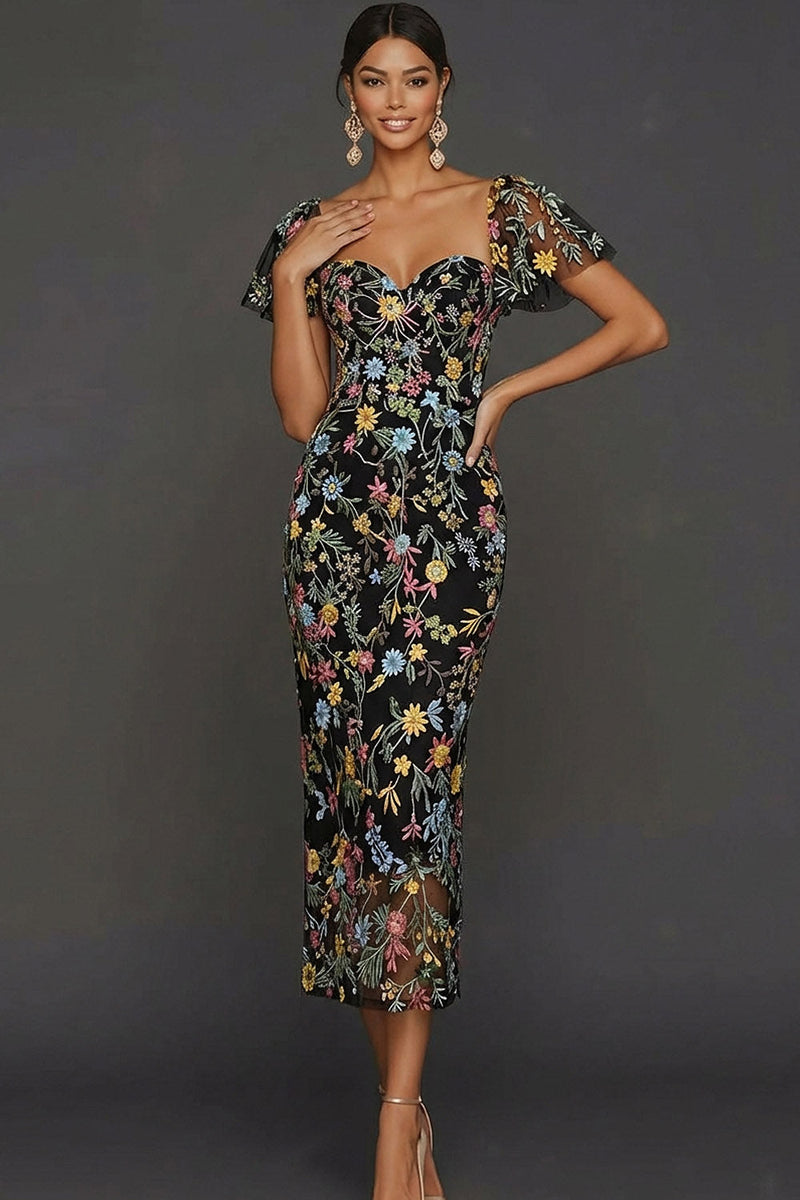 Laden Sie das Bild in den Galerie-Viewer, Mauve Blumen Tüll Scheide Midi Hochzeitsgast Kleid mit Ärmeln