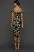 Laden Sie das Bild in den Galerie-Viewer, Mauve Blumen Tüll Scheide Midi Hochzeitsgast Kleid mit Ärmeln