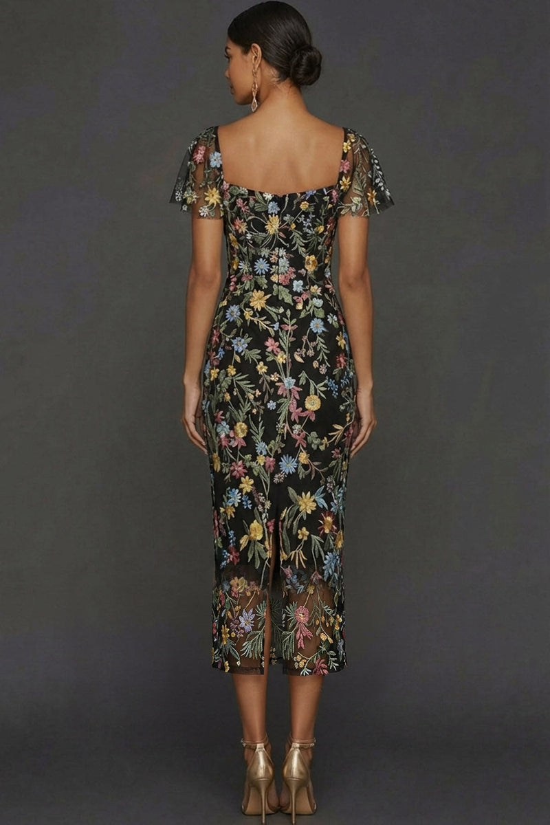 Laden Sie das Bild in den Galerie-Viewer, Mauve Blumen Tüll Scheide Midi Hochzeitsgast Kleid mit Ärmeln