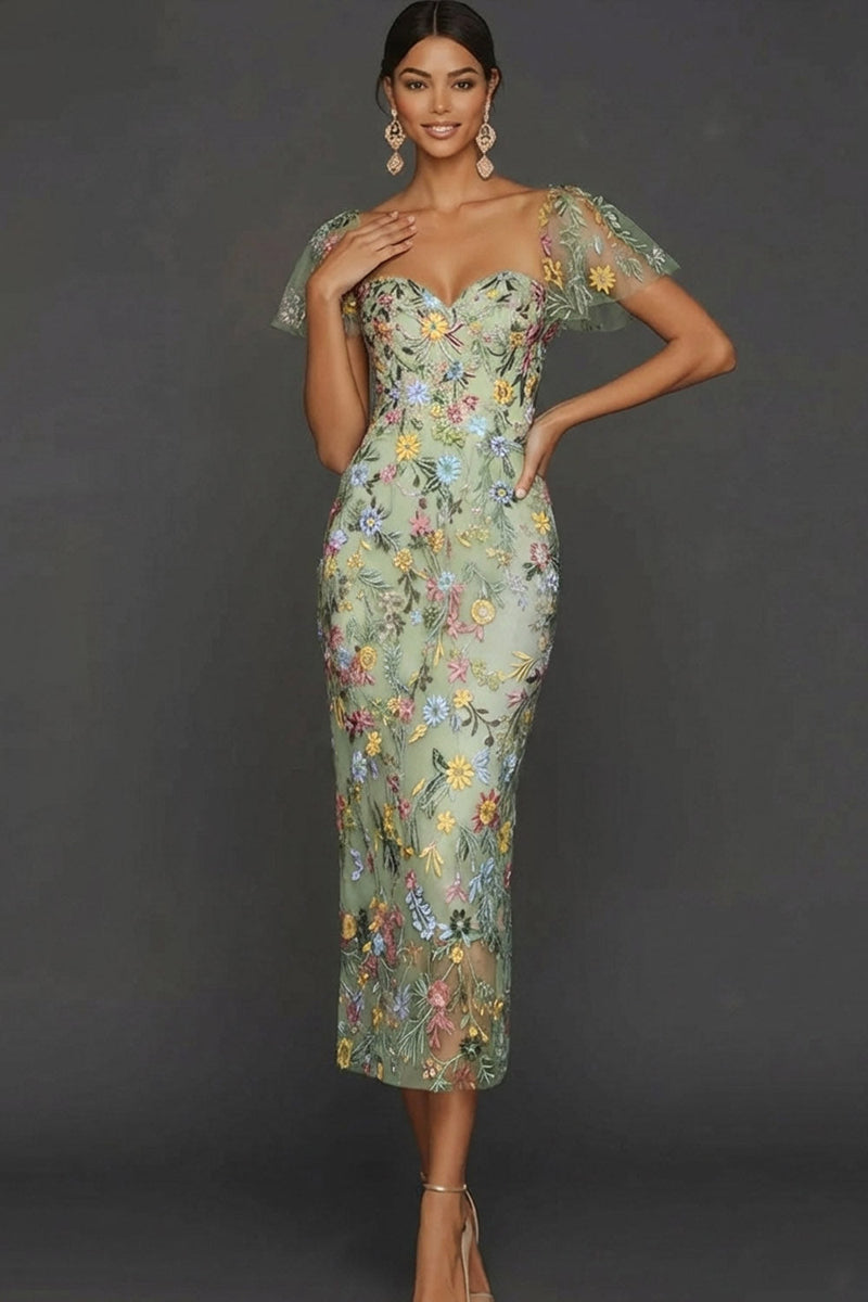 Laden Sie das Bild in den Galerie-Viewer, Mauve Blumen Tüll Scheide Midi Hochzeitsgast Kleid mit Ärmeln