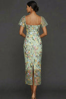 Laden Sie das Bild in den Galerie-Viewer, Mauve Blumen Tüll Scheide Midi Hochzeitsgast Kleid mit Ärmeln