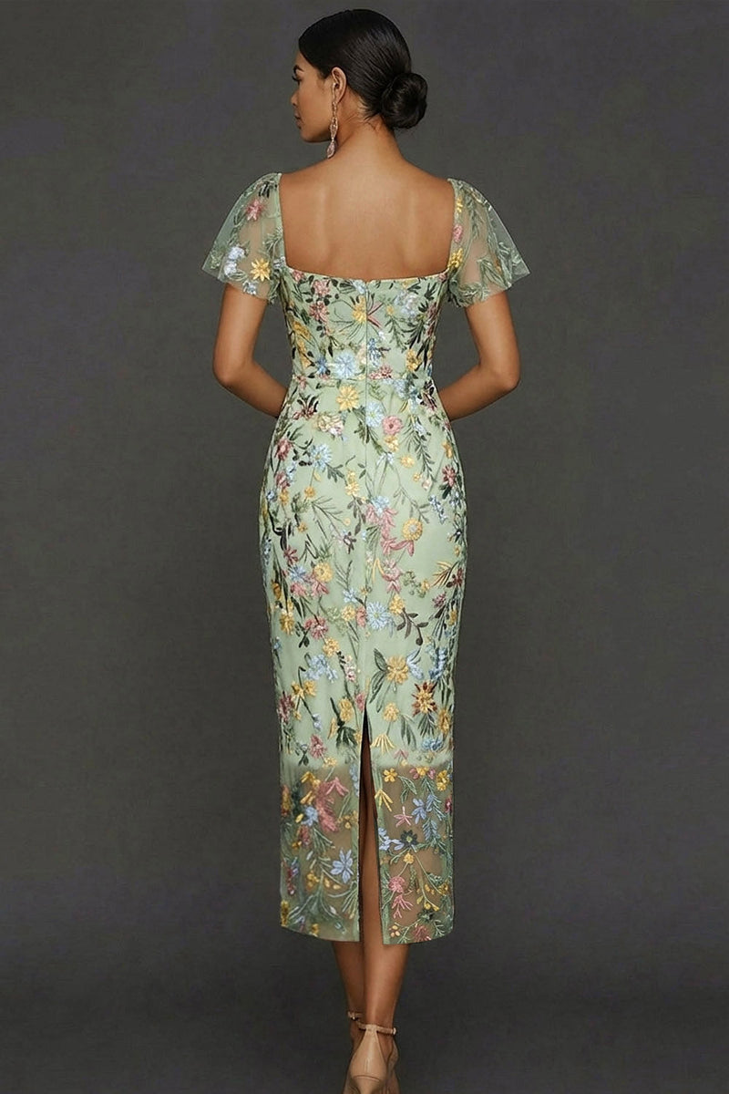 Laden Sie das Bild in den Galerie-Viewer, Mauve Blumen Tüll Scheide Midi Hochzeitsgast Kleid mit Ärmeln