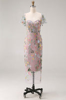 Laden Sie das Bild in den Galerie-Viewer, Mauve Blumen Tüll Scheide Midi Hochzeitsgast Kleid mit Ärmeln