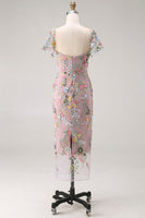 Laden Sie das Bild in den Galerie-Viewer, Mauve Blumen Tüll Scheide Midi Hochzeitsgast Kleid mit Ärmeln