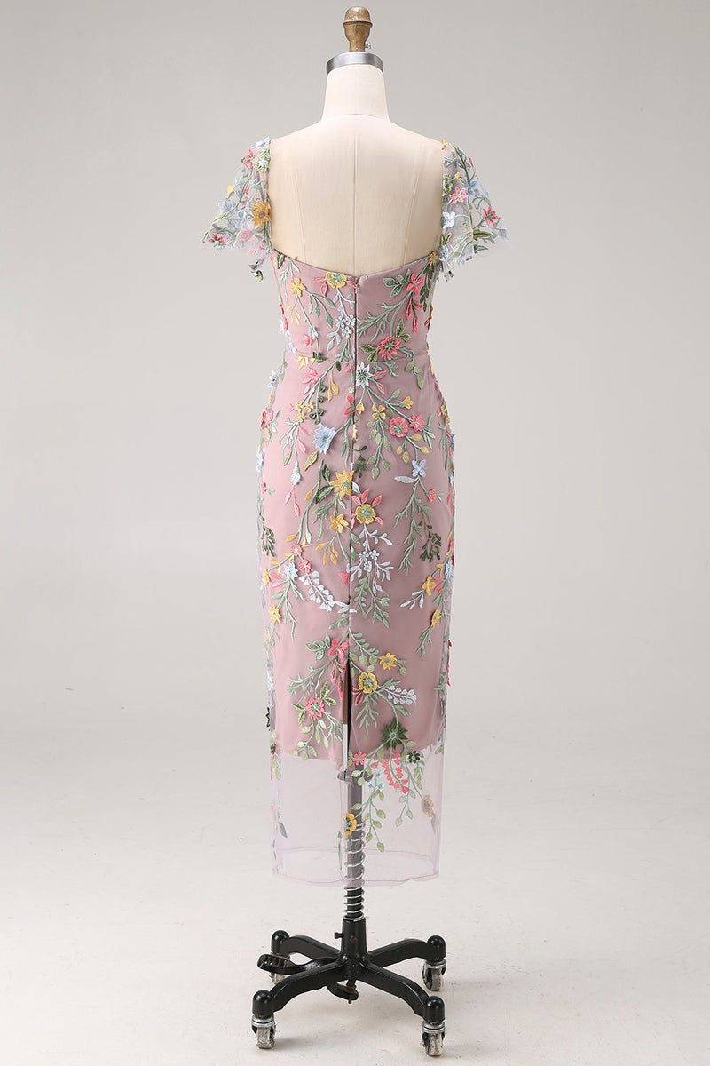 Laden Sie das Bild in den Galerie-Viewer, Mauve Blumen Tüll Scheide Midi Hochzeitsgast Kleid mit Ärmeln