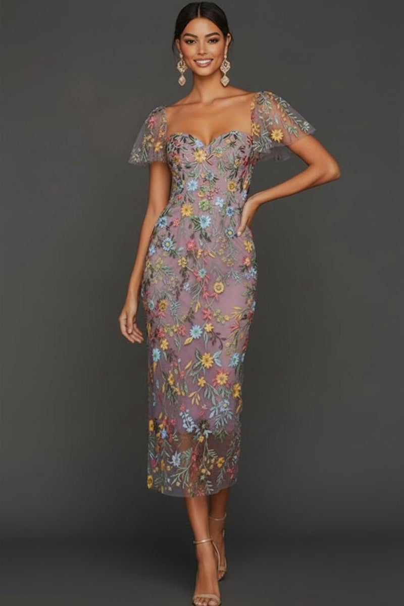 Laden Sie das Bild in den Galerie-Viewer, Mauve Blumen Tüll Scheide Midi Hochzeitsgast Kleid mit Ärmeln