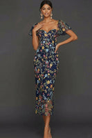 Laden Sie das Bild in den Galerie-Viewer, Mauve Blumen Tüll Scheide Midi Hochzeitsgast Kleid mit Ärmeln