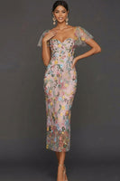 Laden Sie das Bild in den Galerie-Viewer, Mauve Blumen Tüll Scheide Midi Hochzeitsgast Kleid mit Ärmeln