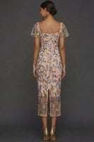 Laden Sie das Bild in den Galerie-Viewer, Mauve Blumen Tüll Scheide Midi Hochzeitsgast Kleid mit Ärmeln