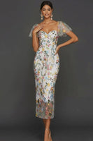 Laden Sie das Bild in den Galerie-Viewer, Mauve Blumen Tüll Scheide Midi Hochzeitsgast Kleid mit Ärmeln