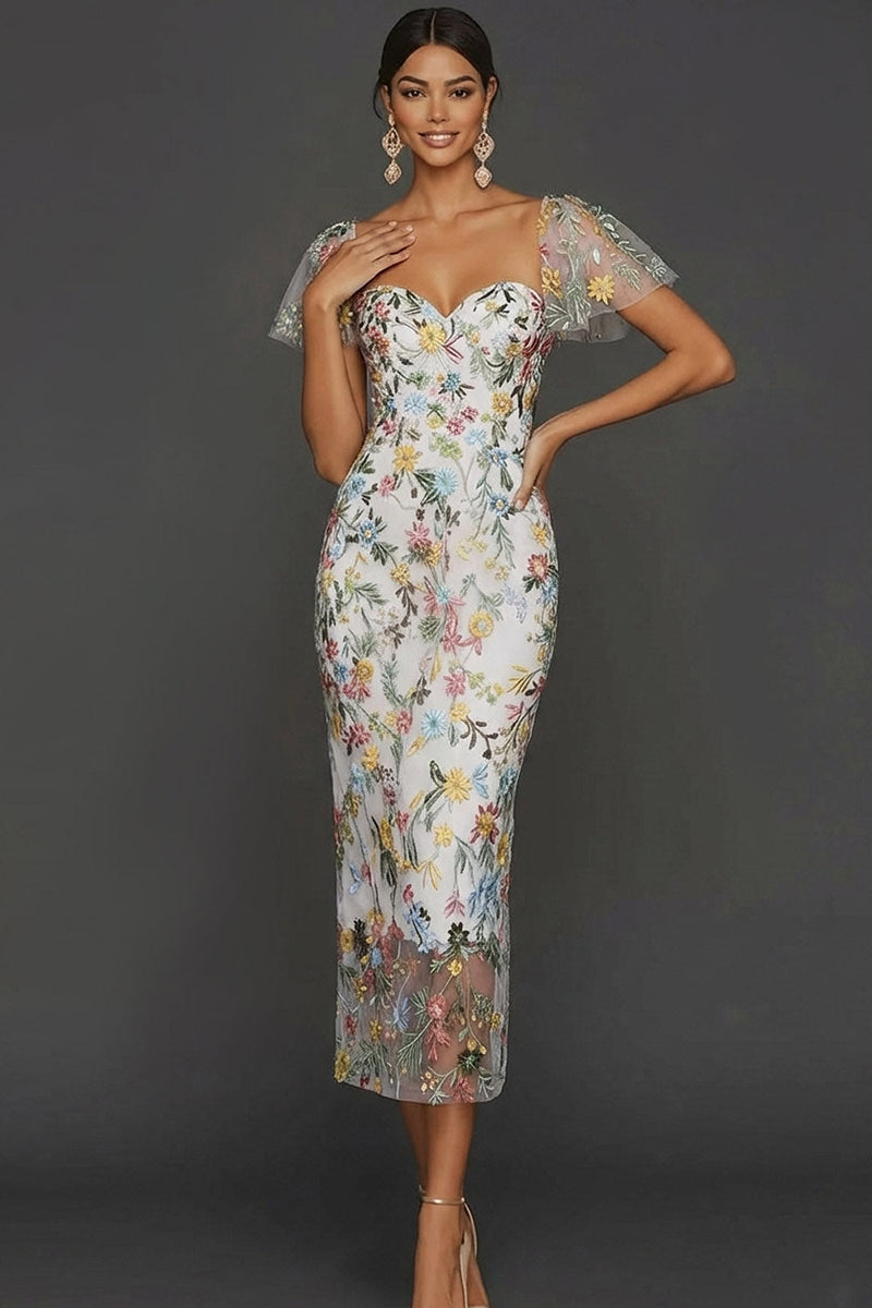 Laden Sie das Bild in den Galerie-Viewer, Mauve Blumen Tüll Scheide Midi Hochzeitsgast Kleid mit Ärmeln