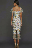 Laden Sie das Bild in den Galerie-Viewer, Mauve Blumen Tüll Scheide Midi Hochzeitsgast Kleid mit Ärmeln