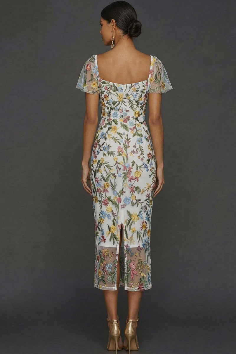 Laden Sie das Bild in den Galerie-Viewer, Mauve Blumen Tüll Scheide Midi Hochzeitsgast Kleid mit Ärmeln