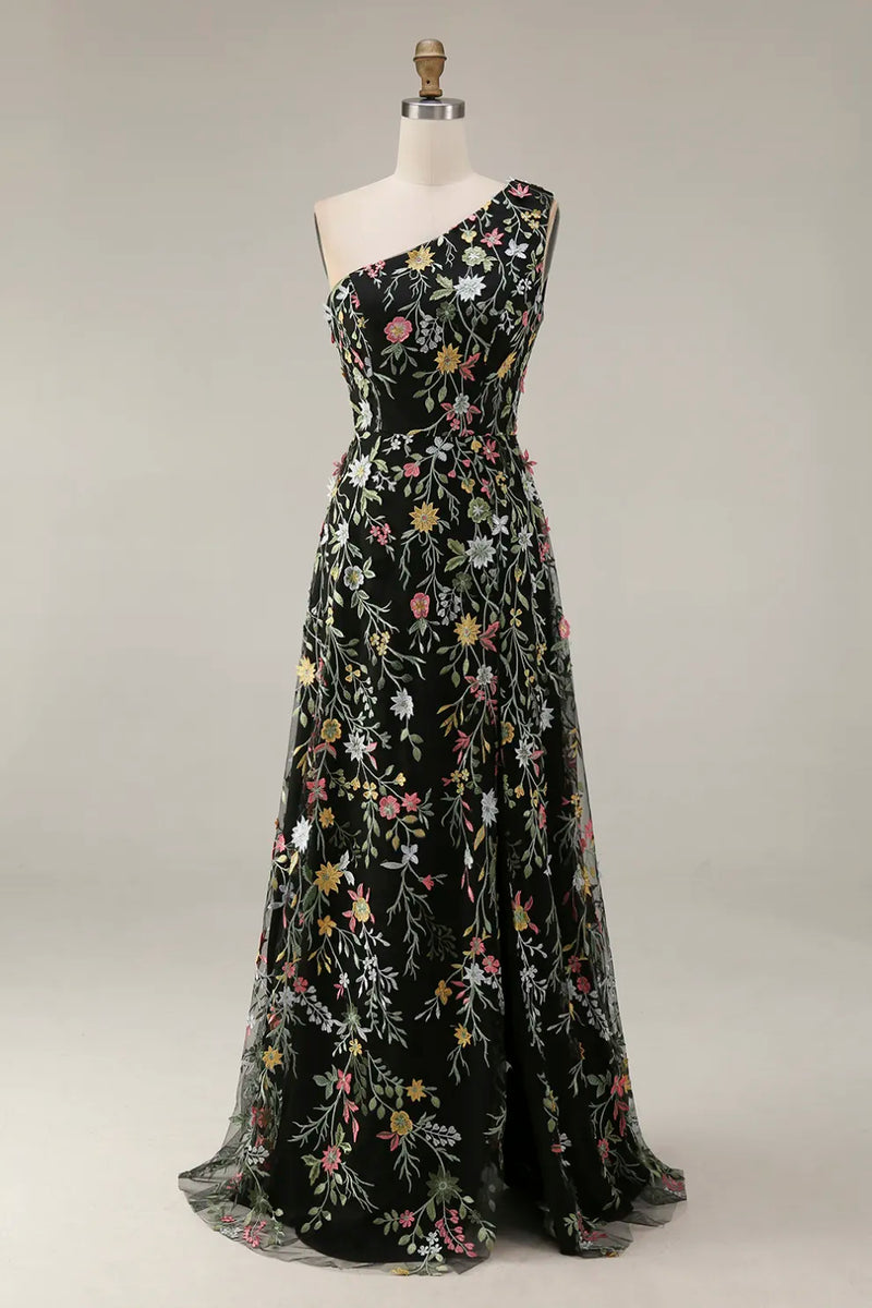 Laden Sie das Bild in den Galerie-Viewer, Blumen Mauve Einschulter A-Linie Langes Ballkleid mit Schlitz