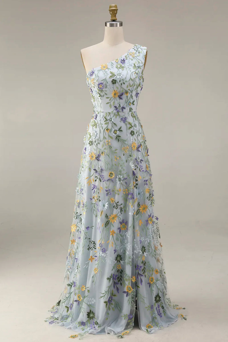 Laden Sie das Bild in den Galerie-Viewer, Blumen Mauve Einschulter A-Linie Langes Ballkleid mit Schlitz
