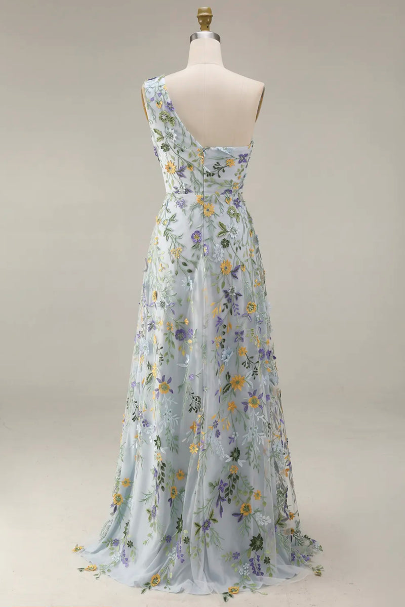 Laden Sie das Bild in den Galerie-Viewer, Blumen Mauve Einschulter A-Linie Langes Ballkleid mit Schlitz