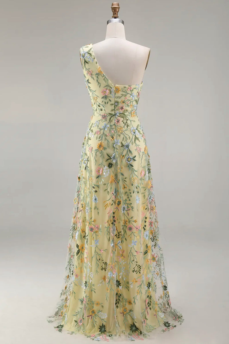 Laden Sie das Bild in den Galerie-Viewer, Blumen Mauve Einschulter A-Linie Langes Ballkleid mit Schlitz