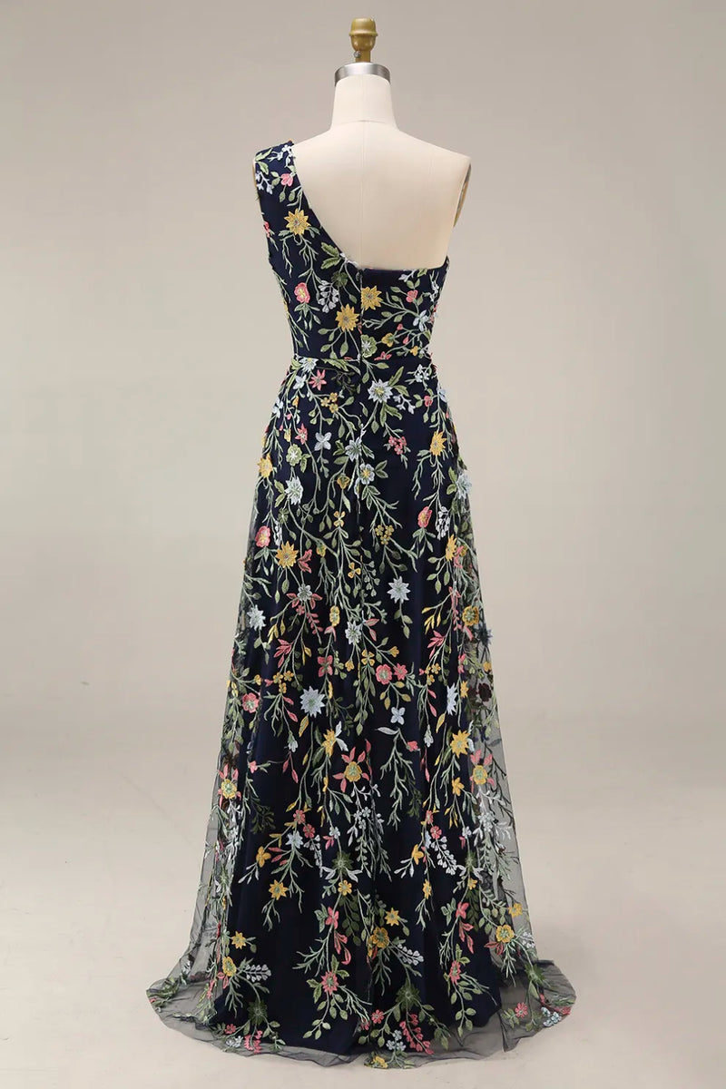 Laden Sie das Bild in den Galerie-Viewer, Blumen Mauve Einschulter A-Linie Langes Ballkleid mit Schlitz