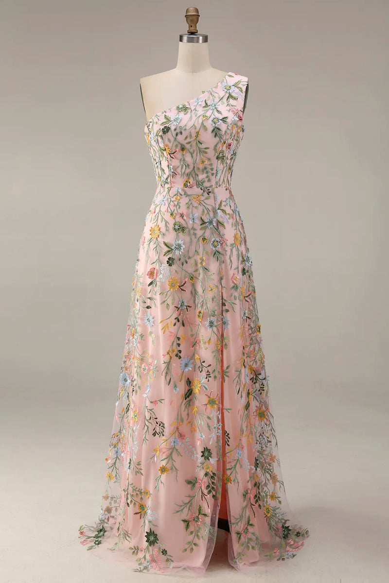 Laden Sie das Bild in den Galerie-Viewer, Blumen Mauve Einschulter A-Linie Langes Ballkleid mit Schlitz