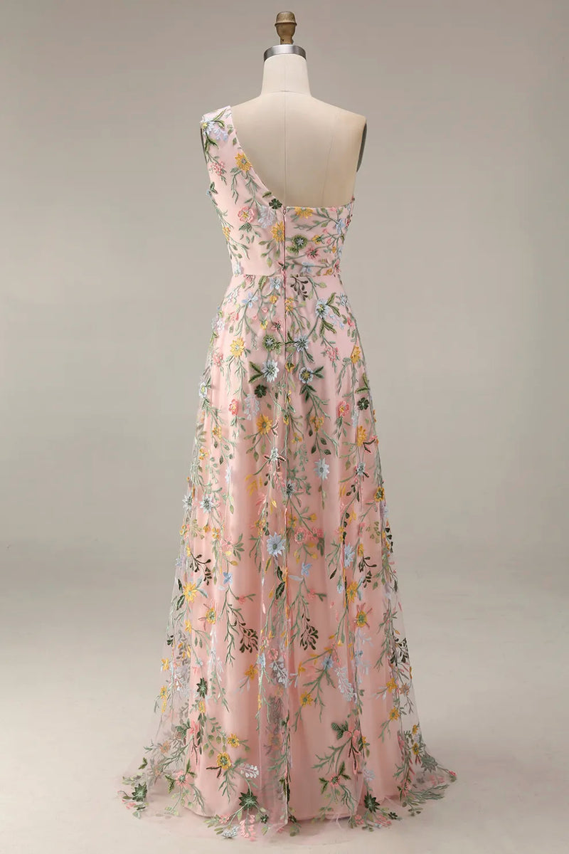 Laden Sie das Bild in den Galerie-Viewer, Blumen Mauve Einschulter A-Linie Langes Ballkleid mit Schlitz