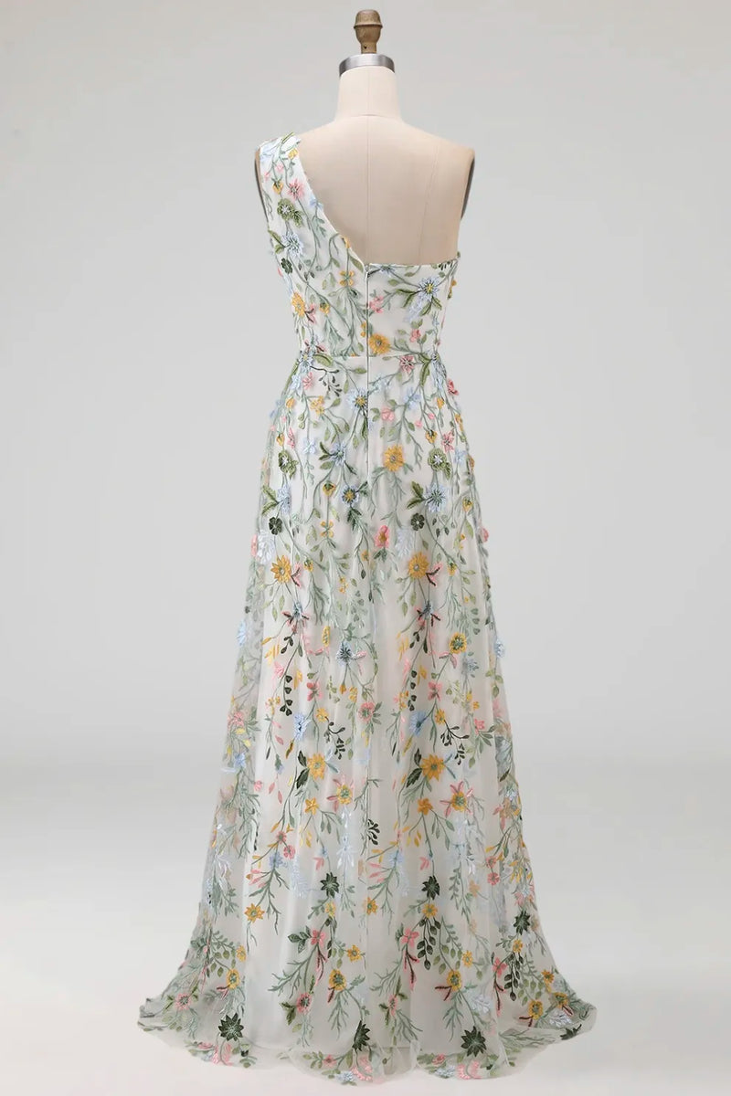 Laden Sie das Bild in den Galerie-Viewer, Blumen Mauve Einschulter A-Linie Langes Ballkleid mit Schlitz