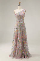 Laden Sie das Bild in den Galerie-Viewer, Blumen Mauve Einschulter A-Linie Langes Ballkleid mit Schlitz