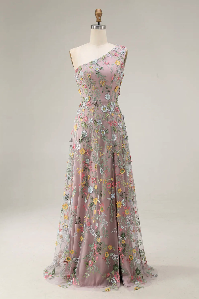 Laden Sie das Bild in den Galerie-Viewer, Blumen Mauve Einschulter A-Linie Langes Ballkleid mit Schlitz