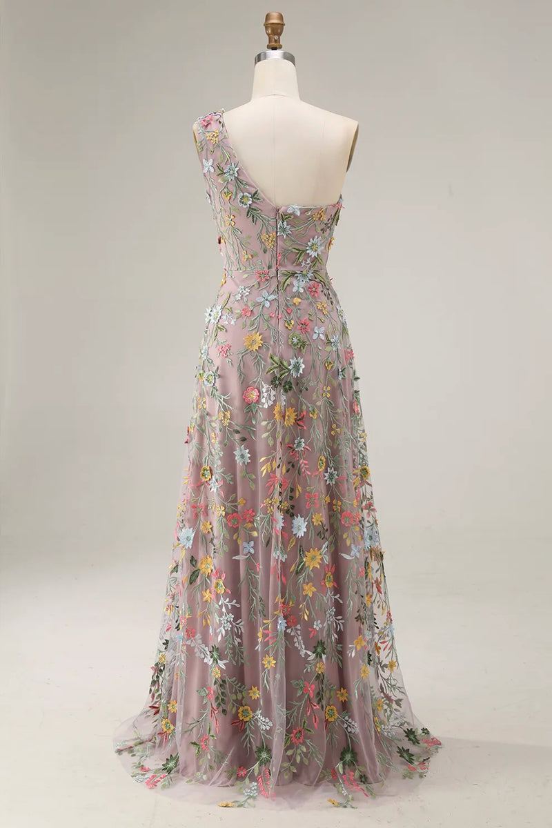 Laden Sie das Bild in den Galerie-Viewer, Blumen Mauve Einschulter A-Linie Langes Ballkleid mit Schlitz