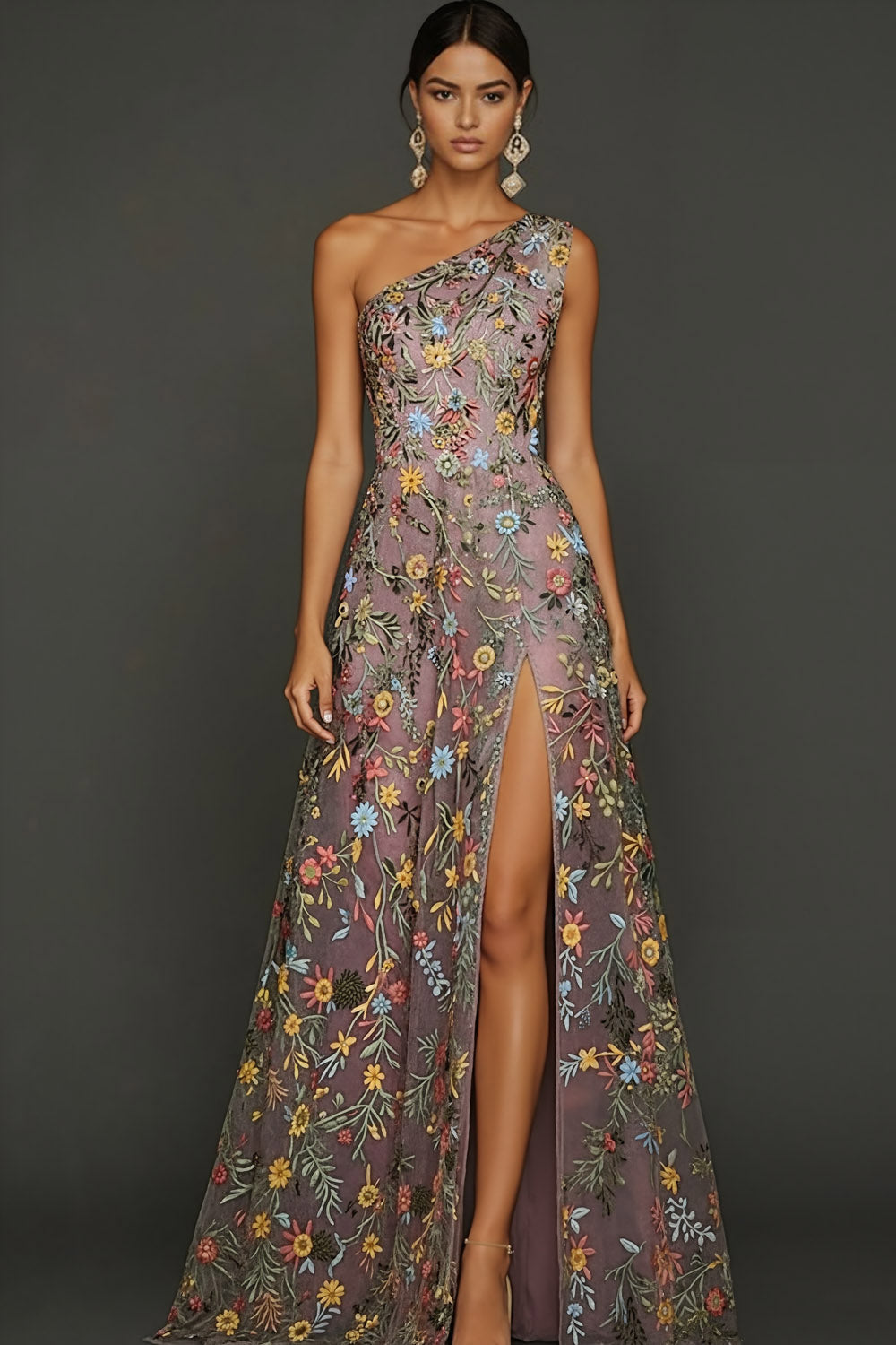 Blumen Mauve Einschulter A-Linie Langes Ballkleid mit Schlitz