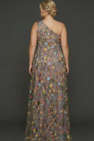 Laden Sie das Bild in den Galerie-Viewer, Blumen Mauve Einschulter A-Linie Langes Ballkleid mit Schlitz