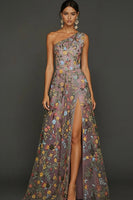 Laden Sie das Bild in den Galerie-Viewer, ZAPAKA Damen Blumen Mauve Langes Ballkleid mit einer Schulter A-Linie Besticktes Abendkleid mit Schlitz