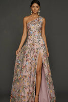 Laden Sie das Bild in den Galerie-Viewer, Blumen Mauve Einschulter A-Linie Langes Ballkleid mit Schlitz