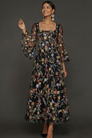 Laden Sie das Bild in den Galerie-Viewer, Mauve Blumen A-Linie Besticktes Flatterärmel Langes Ballkleid