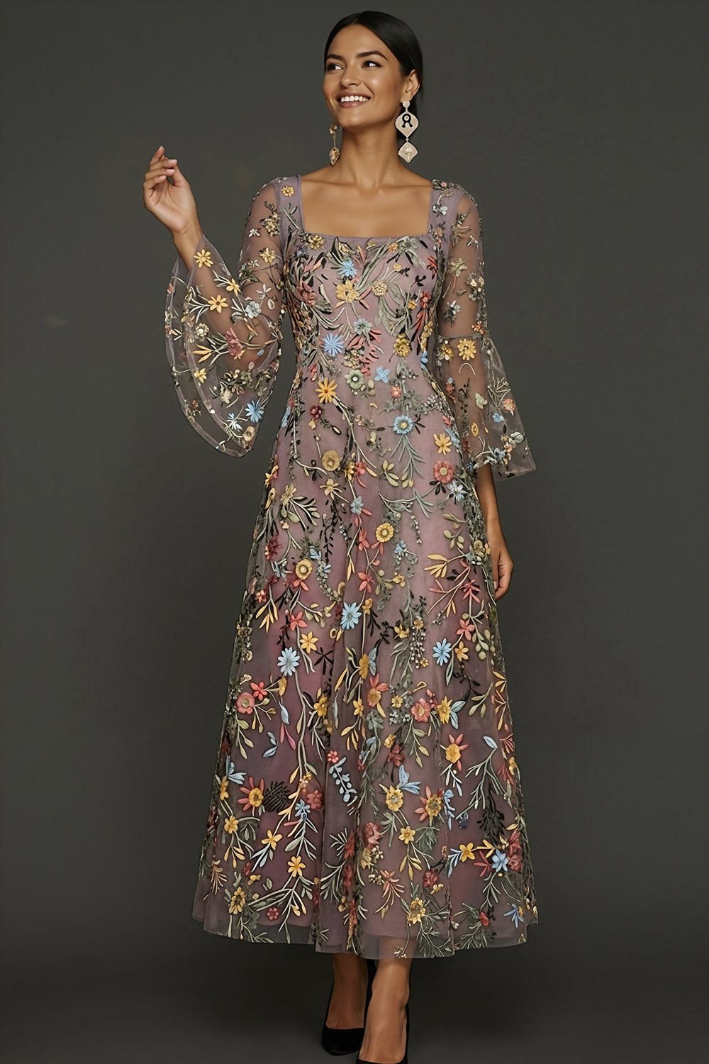 Mauve Blumen A-Linie Besticktes Flatterärmel Langes Ballkleid