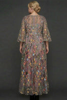 Laden Sie das Bild in den Galerie-Viewer, Mauve Blumen A-Linie Besticktes Flatterärmel Langes Ballkleid