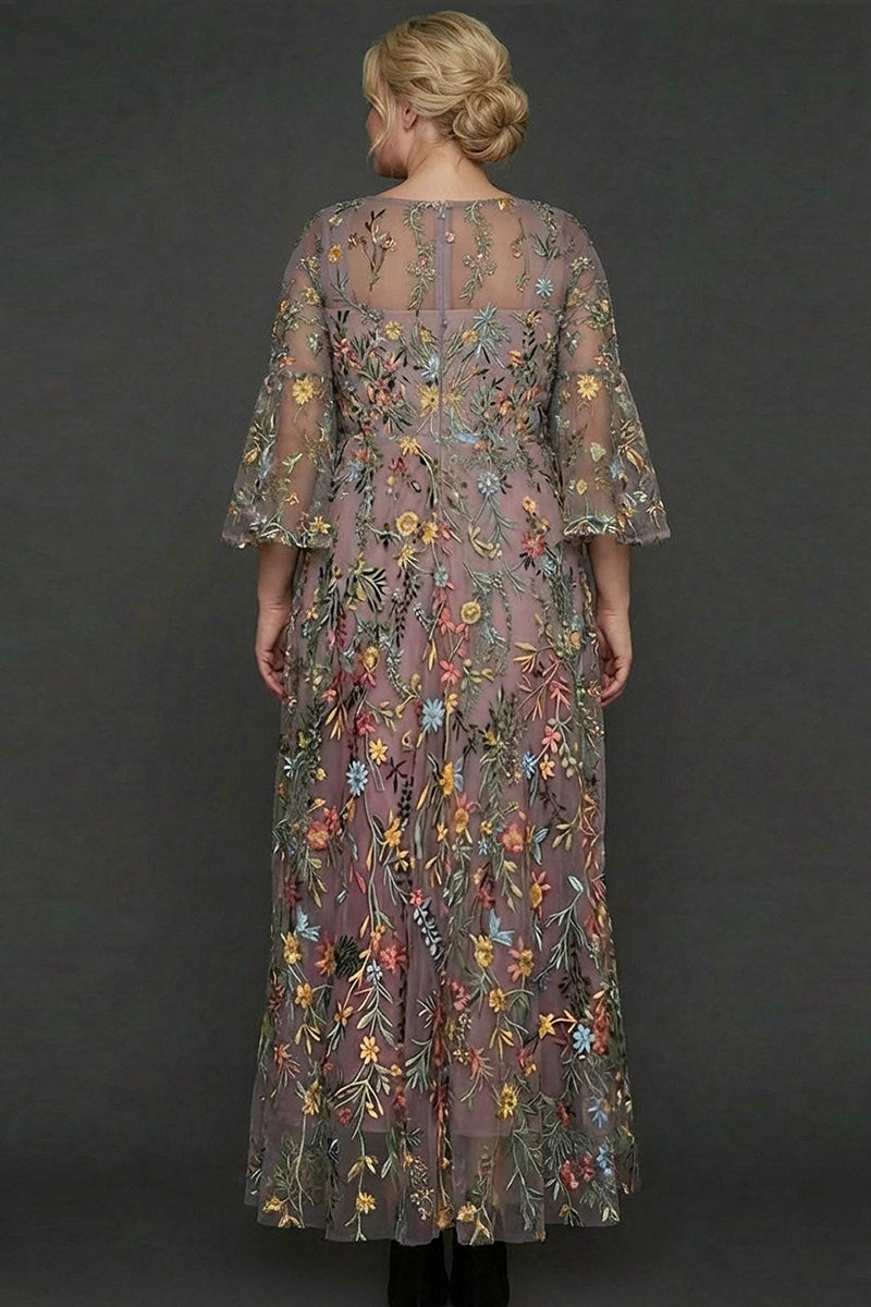 Laden Sie das Bild in den Galerie-Viewer, Mauve Blumen A-Linie Besticktes Flatterärmel Langes Ballkleid