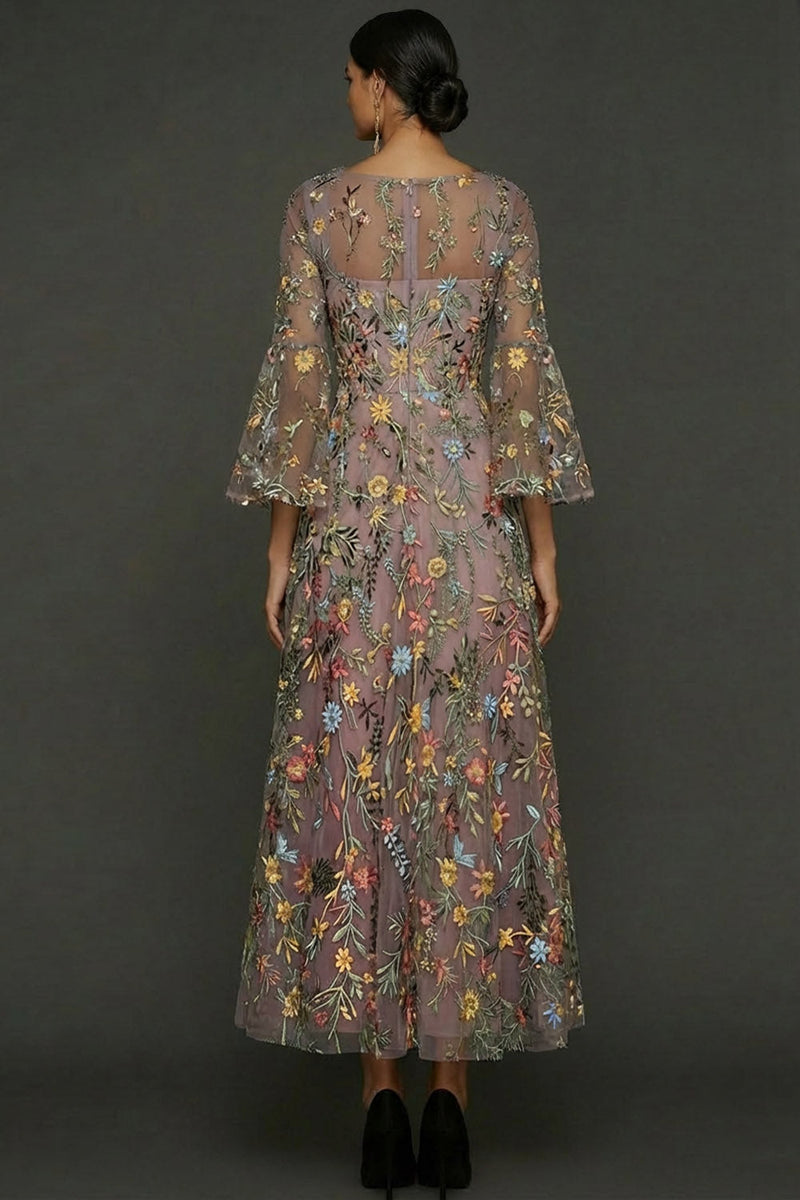 Laden Sie das Bild in den Galerie-Viewer, Mauve Blumen A-Linie Besticktes Flatterärmel Langes Ballkleid