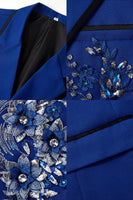 Laden Sie das Bild in den Galerie-Viewer, Blaue zweiteilige Einknopf-Notch-Anzüge für Herrenabschlussball mit Pailletten