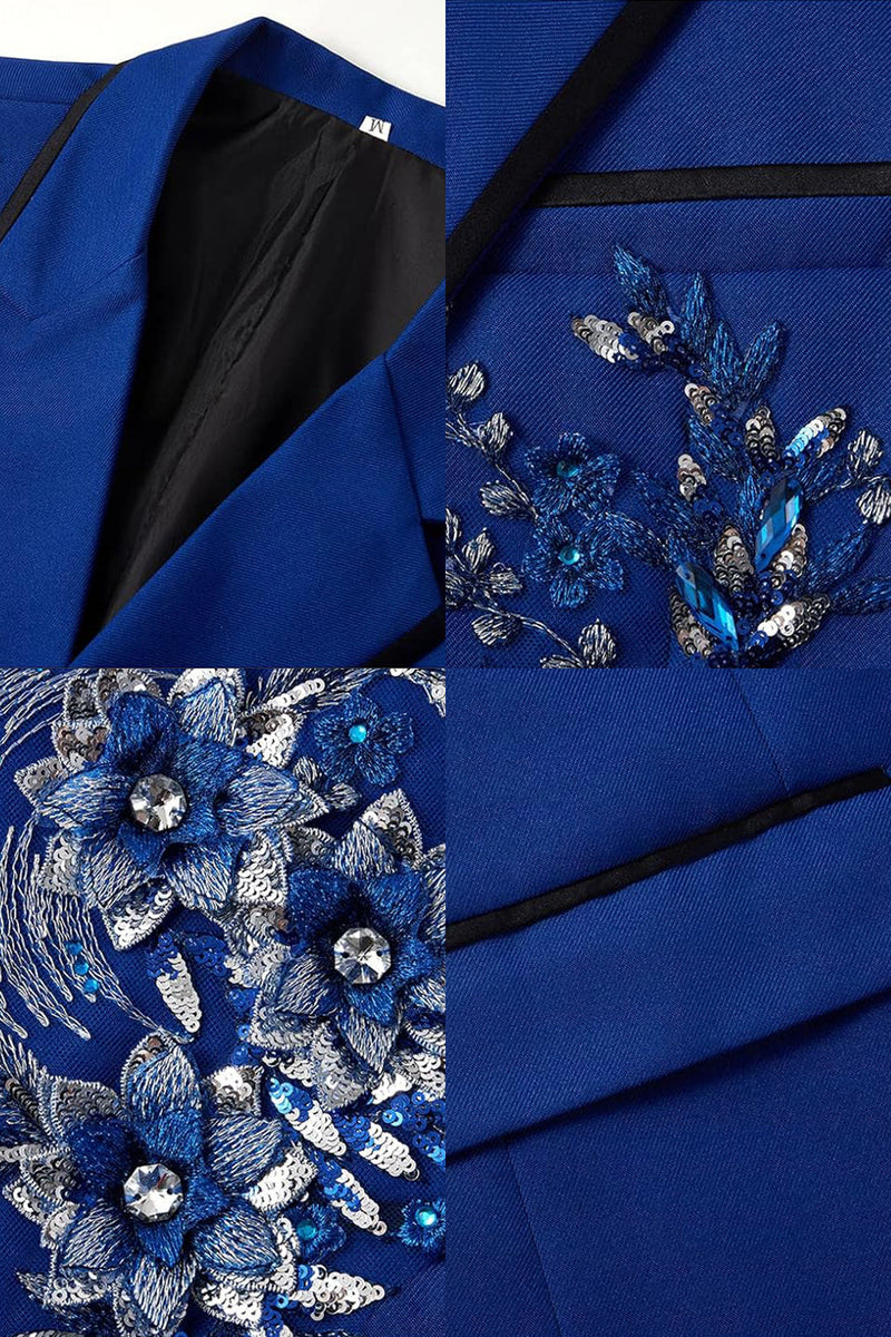 Laden Sie das Bild in den Galerie-Viewer, Blaue zweiteilige Einknopf-Notch-Anzüge für Herrenabschlussball mit Pailletten